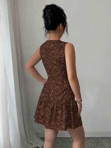 Vestido mini bohemio elegante francés con estampado floral sin mangas y cinturón para mujer, atuendo de graduación para primavera/verano - Marrón Mocha - Ver 2