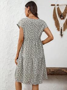 Vestido de mujer de manga corta con cuello redondo y estampado geométrico de verano - verde claro - Ver 2