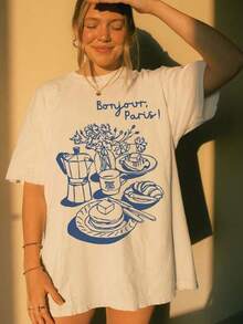 Camiseta "Bonjour Par￭s", camiseta gr£fica de desayuno franc￩s, camiseta ho de estilo parisino chic, camiseta de est￩tica francesa, top vintage de panqueques y caf￩, camisetas casuales y elegantes, ropa de entrenamiento 100% aod￳n, transpirable y c￳moda - Blanco - Ver 2