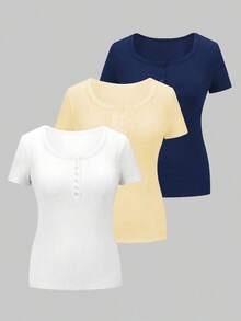 3 piezas Camisetas de manga corta casuales y versátiles de unicolor con pliegues para mujer - Multicolor 10 - Ver 6