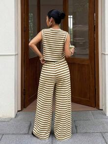 Set de 2 piezas de top de tirantes casual de cuello redondo a rayas y pantalones para mujer - Caqui - Ver 2