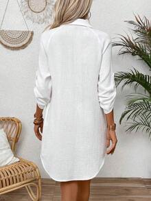 LUNE Vestido camisero casual de mujer de un solo abotonado, unicolor, con mangas enrollables y corte holgado - Blanco marfil - Ver 2
