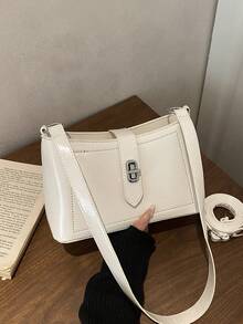 1个女士白色极简PU腋下包，金属扣带设计复古法棍单肩包，多功能通勤斜挎包 - 白色 - 查看 10