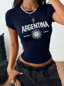 Áo croptop ôm dáng in họa tiết Argentina dành cho nữ mùa hè 2026, trang phục thường ngày thoải mái. - Màu xanh hải quân - Xem 2