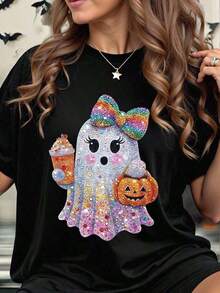 Plus Size Halloween T-Shirt, Plus Size Graphic T-Shirt For Streetwear, Cute Short Sleeve Summer Top, Men's T-Shirt, Women's Tops And Sweatshirts, Y2k T-Shirt Shirt - 白色 - 查看 4