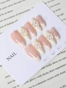 10 móng giả thủ công màu trắng kiểu Pháp, họa tiết hoa 3D, tông màu nude, thanh lịch, tối giản, sang trọng, cao cấp. - trắng - Xem 5
