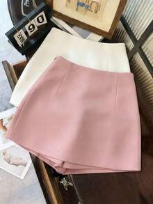 Pantalones cortos/falda/culotte/shorts de mujer de tela suave y texturizada de cintura alta con abertura, de estilo casual y versátil para ir y venir, primavera/otoño - Rosa Pálido - Ver 2