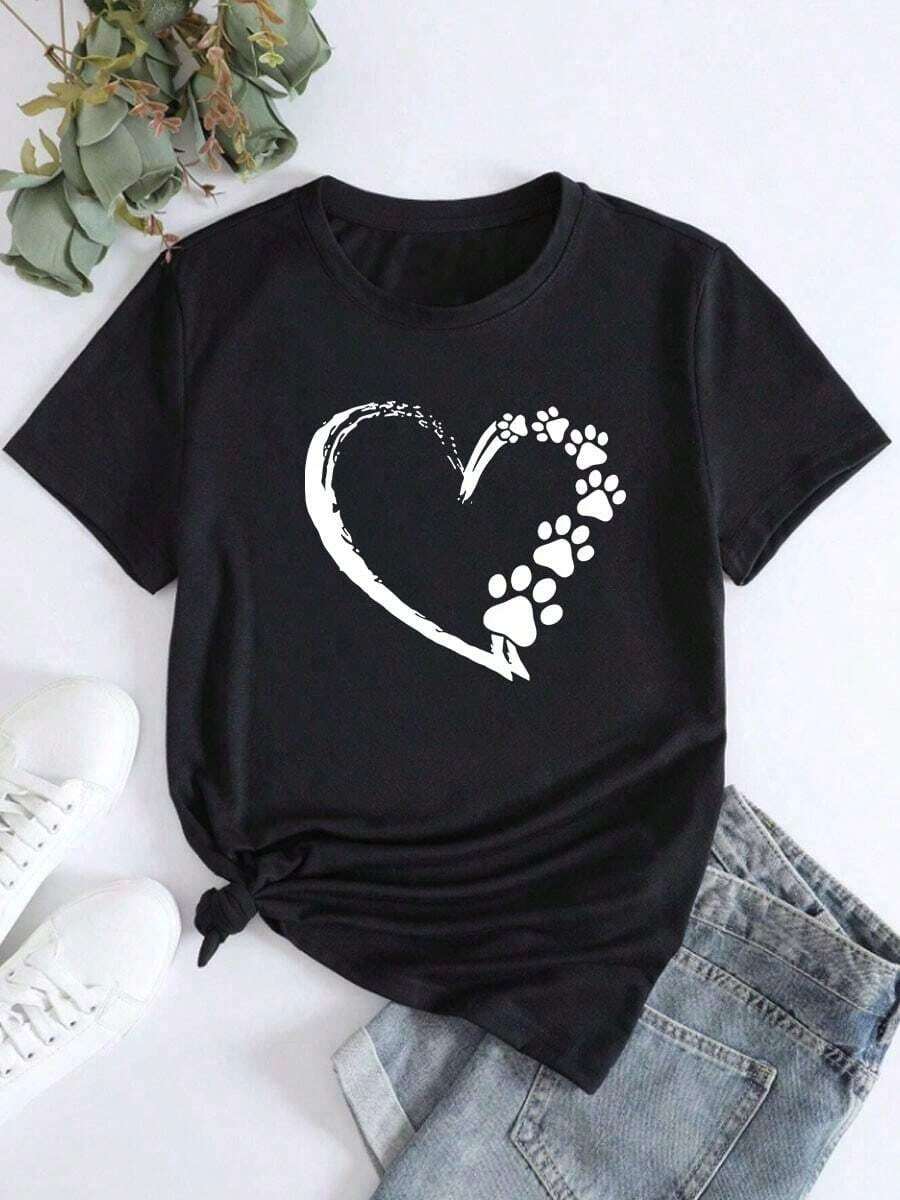 Camiseta de manga corta Love Dog Paw Print Graphic Sports Casual para mujerPure-Cotton - Negro - Ver 1