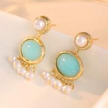 Handmade Vintage Tassel Oval Dangle Earrings Set, Exquisite Textured Outline With Sparkling Decor - Gold - View 2