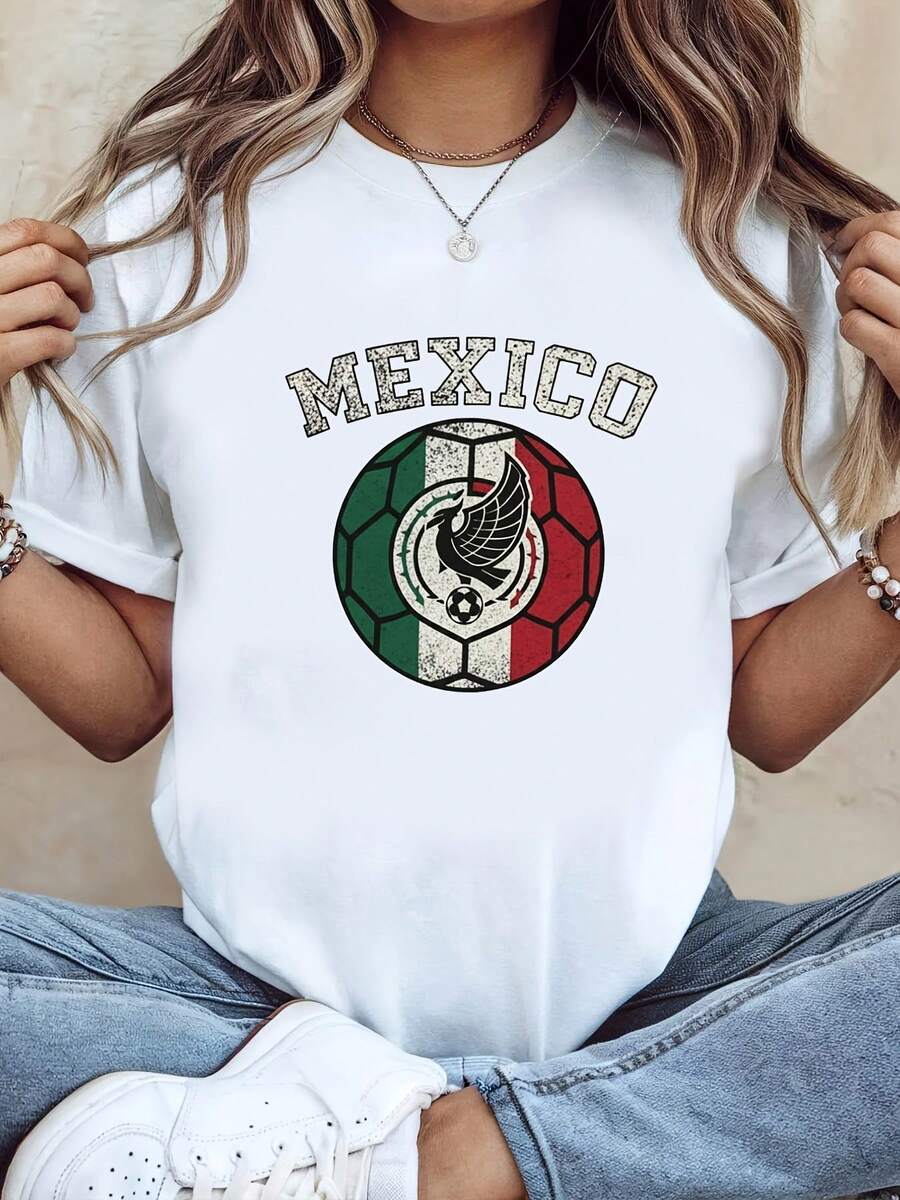 Camiseta de edición limitada de talla, para fans del equipo mexicano, con estampado retro de fútbol mexicano con el esloganÉXICO, camiseta blanca de manga corta y cuello redondo, lavable aáquina, estilo casual, ajuste cómodo, diseño moderno, versátil para uso diario, tela suave, estilo moderno, algodón ligero. - Blanco - Ver 1