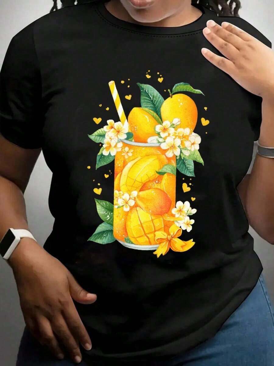 playeras de algodón mujer 1pscCamiseta de Mujer Talla Grande 250gsm de Peso Pesado - Camiseta Casual de Verano de Manga Corta y Cuello Redondo con Estampado Tropical Vibrante de Naranja y Amarillo, Diseño de Hibisco y Mango Hawaiano - Camiseta Transpirable para Atuendos de Playa, Fiesta Hawaiana, Atuendo Casual (Tallas hasta 5XL) - Stock Limitado Disponible, Patrón Geométrico, Esencial de Primavera/Otoño, Lavar a Mano o Limpiar en Seco, Camisetas de Mujer Talla Grande100%cotton ropa de mujer Daily home top - Negro - Ver 1
