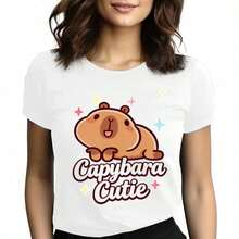 Tops para mujer gráfica con diseño de capibara para mujer, de algodón, cuello redondo, manga corta, estilo casual. - Blanco - Ver 1