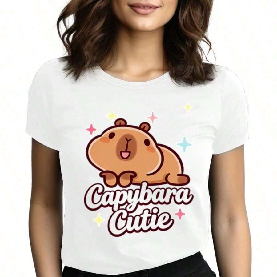 Tops para mujer gráfica con diseño de capibara para mujer, de algodón, cuello redondo, manga corta, estilo casual. - Blanco - Ver 1