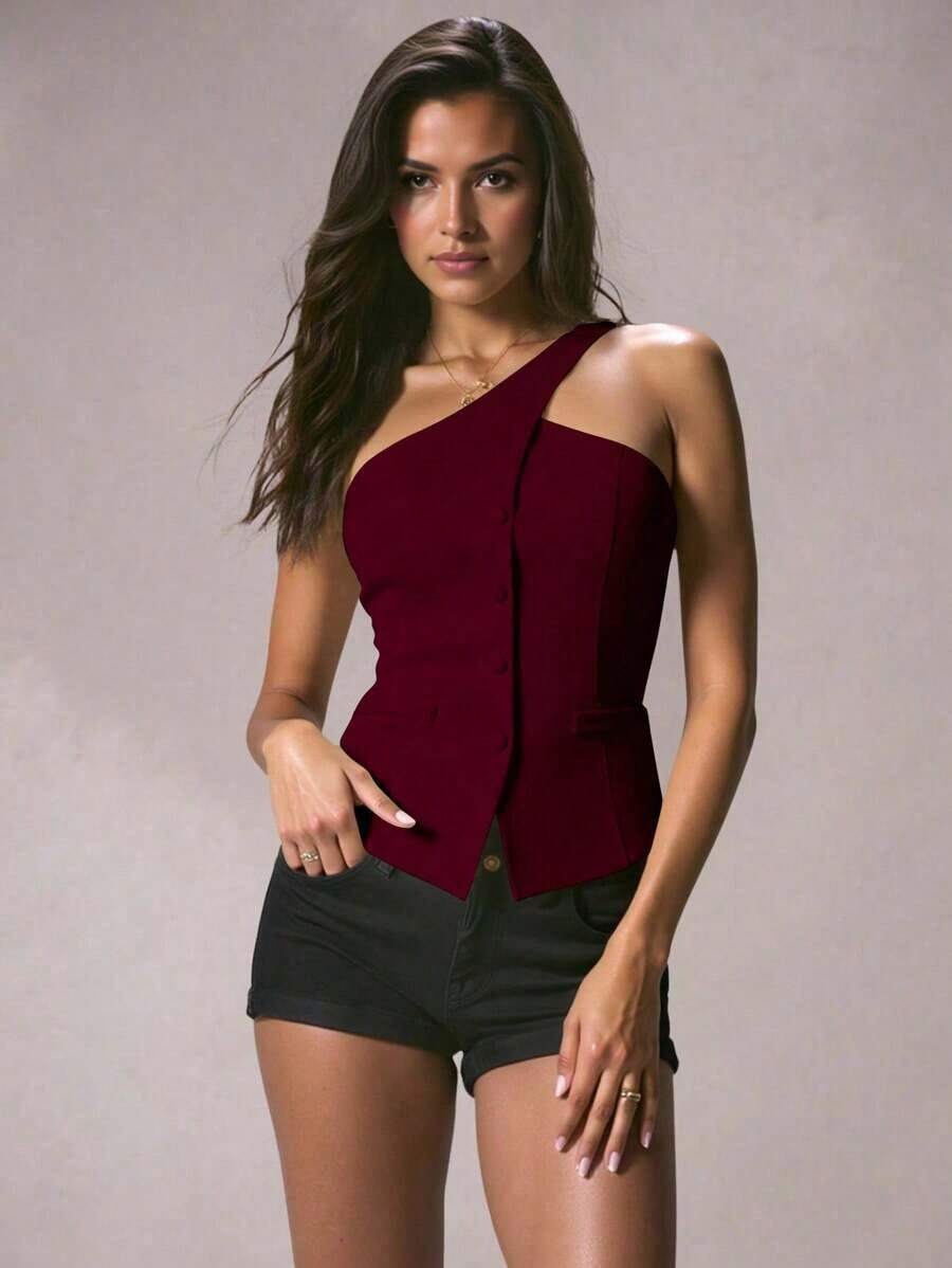 Blazer informal sin mangas de color albaricoque para mujer, conjunto de verano versátil - Rojo - Ver 1