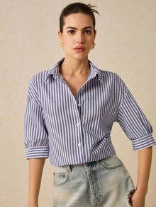 de hombros caídos con estampado de rayas, blusas de verano para vacaciones - Azul y blanco - Ver 1