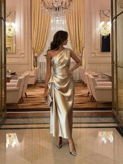 Elegant Slimming Long Formal Dress, Solid Color Flattering Waist Ruched Dress, Sexy Formal Gown For Evening Party, Spring/Summer