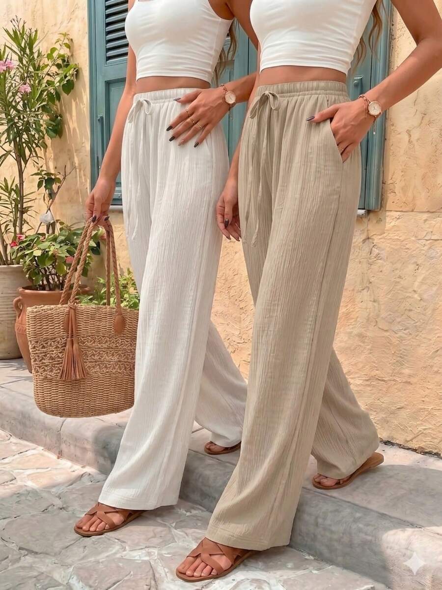 2pcs Women's Casual Solid Color Wide Leg Pants, Textured Fabric Long Trousers, Tie Waist, Fashion Versatile Travel Essential For Autumn - Multicolor - View 1