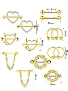 14pcs Copper Micro-Inlaid Heart-Shaped Rhinestone Devil Heart Nipple Rings Set, Stainless Steel Piercing Jewelry Suitable For Daily Wear - 14-piece Set Of Nipple Studs - View 3
