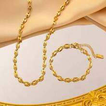 2pcs/1pc Stainless Steel Oval Coffee Bean Pig Nose Necklace & Bracelet Set, Women's Jewelry Set - Gold - View 4