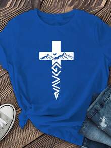 Classic Easter Print T-Shirt, Minimalist Bird On Snowy Mountain Design | Regular Length, Casual Short Sleeves, Crew Neck, Suitable For Shopping, Everyday Outings, A Must-Have For Autumn And Winter. A Bestseller. - 藍色 - 查看 6