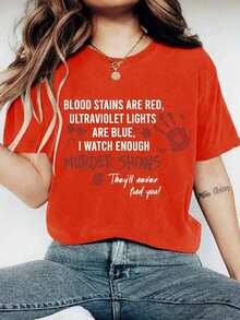 Women's Oversized Loose Fit T-Shirt With Blood Palm Print - Casual Polyester Crew Neck T-Shirt, All Season Comfort, 1 Piece, 200gsm - 紅色 - 查看 10