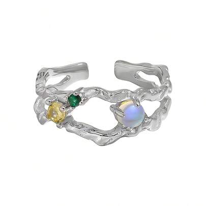 Anillo de piedra lunar asimétrico y hueco para mujeres elegantes de uso diario, de plata de ley 925 con tres piedras ajustable