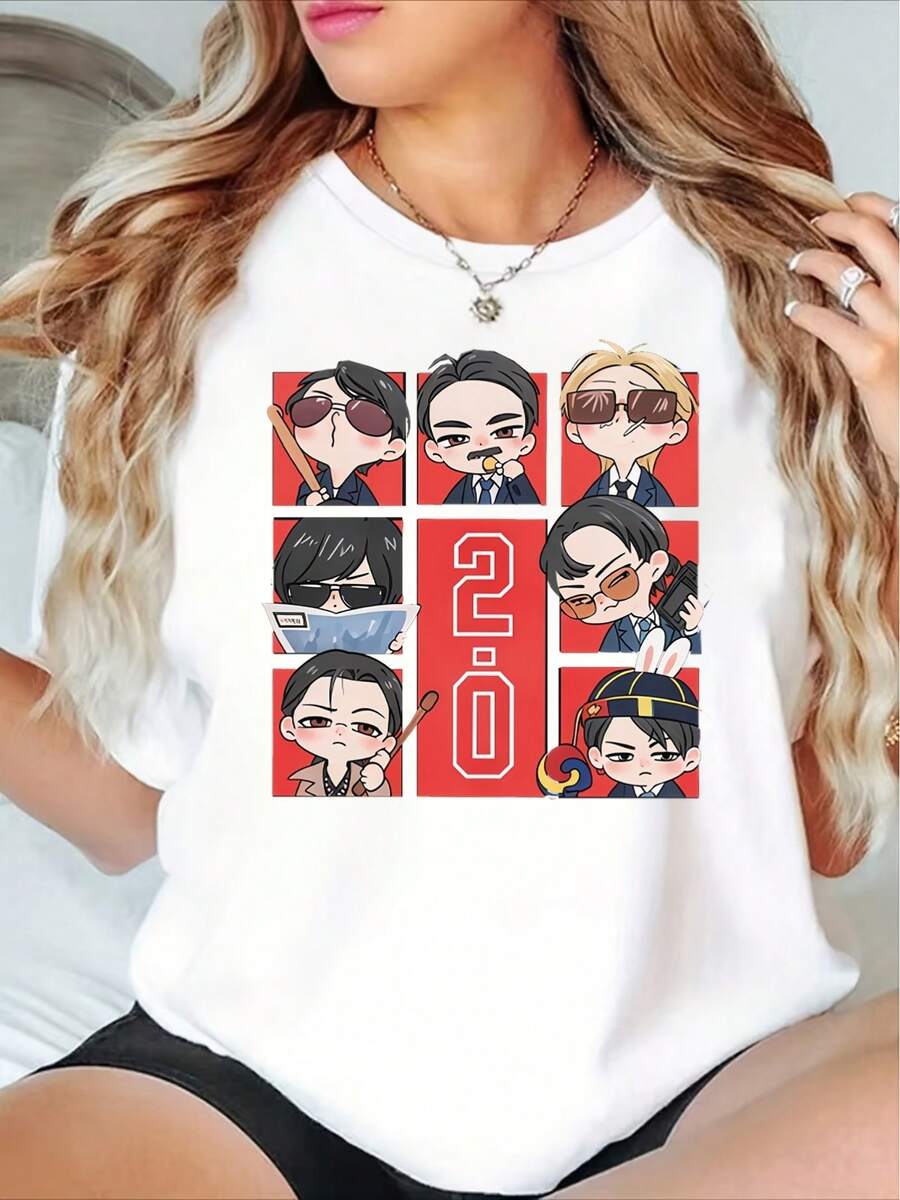 Ropa casual de verano para mujer, de manga corta y a la moda, adecuada para todas las estaciones, una camiseta Q-version hecha por un fan con diseños de múltiples personajes de un actor, el estilo general es lindo y con un toque sentimental. - Blanco - Ver 1