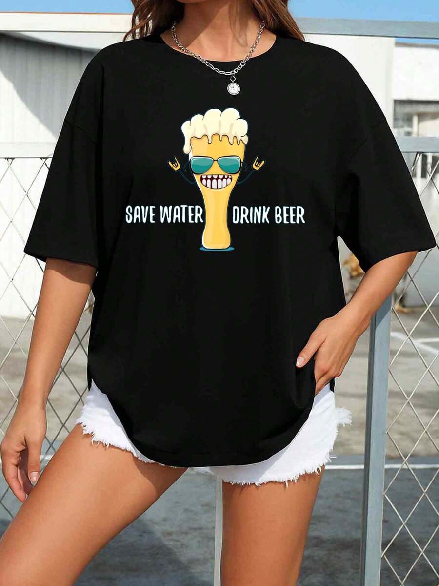 Talla Grande - Talla Grande - 1 Camiseta Gráfica Drtidara Mujer con Taza de Cerveza y la Escritura "Save Water Drink Beer" | 100% 180G de Peso Pesado, Cuello Redondo Casual, Manga Corta, Estampado Humorístico, Top para Ropa Casual