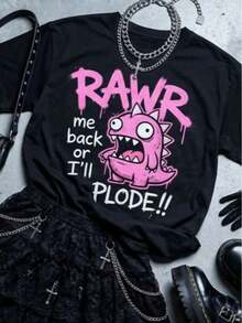 Camiseta de mujer de gran tamaño con estampado de dinosaurio RAWR, diseño divertido de monstruo de dibujos animados, cuello redondo, manga corta, estilo Y2K estético grunge gótico, ropa urbana, corte holgado, transpirable, estilo casual y moderno, para conciertos, festivales, raves, uso diario, salidas de fin de semana, paseos por la ciudad, citas informales, viajes, estilo urbano, atuendo para fiestas, ropa para el campus universitario, evento temático gótico, despedida de soltera. - Negro - Ver 5
