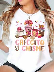 Camiseta de Cuello Redondo con Estampado de Texto "Cafecito Y Chisme" y Taza de Café, Estilo Casual, Regalo para Mujer, 220g, Blusas para Mujer - Blanco - Ver 6