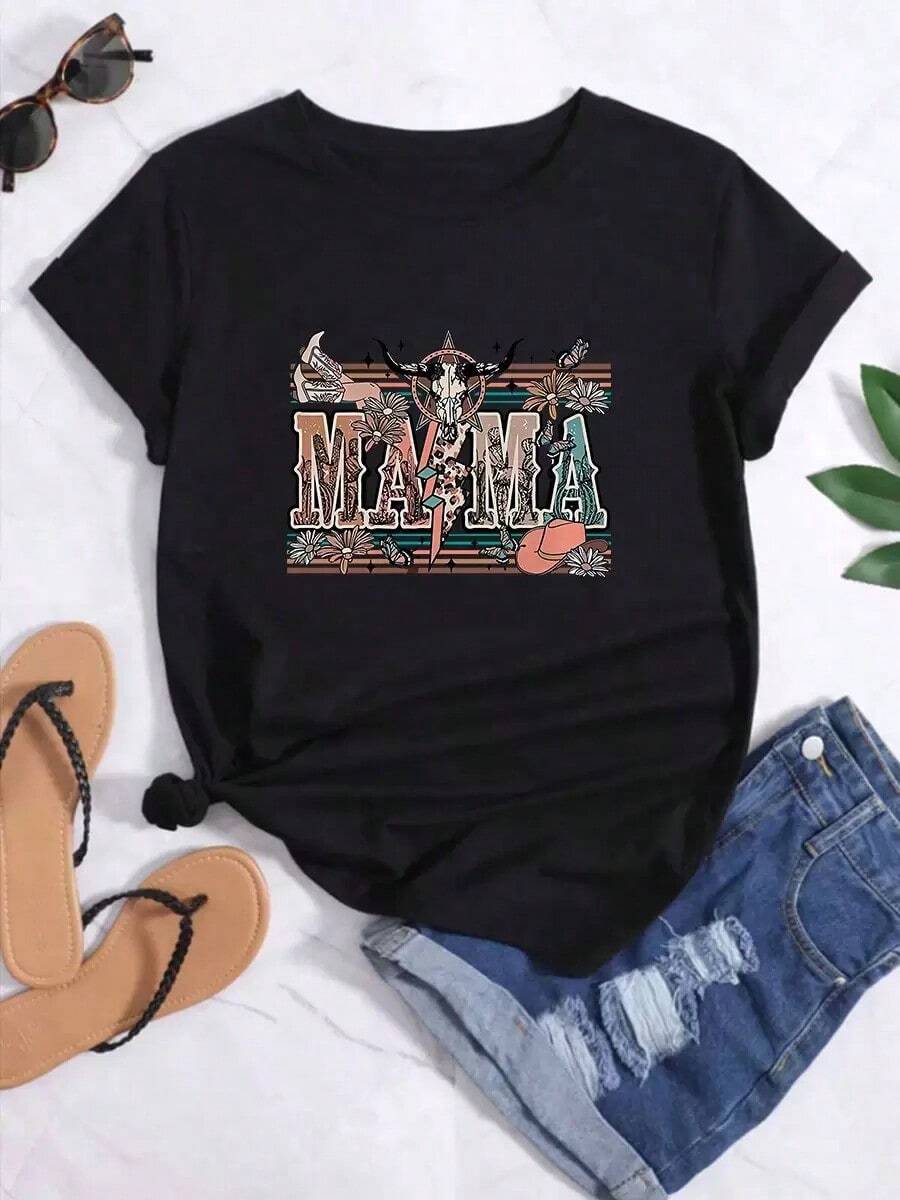 Camiseta de mujer de corte holgado e informal con estampado gráfico de letras MAMA y cabeza de vaca - Negro - Ver 1