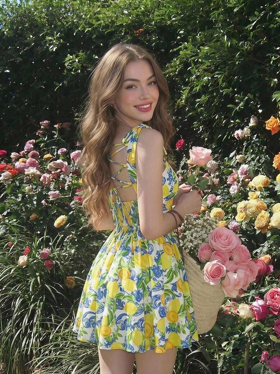 Vestido rosa romántico con espalda descubierta y lazo, adecuado para citas, fiestas, vacaciones, meriendas de té y ocasiones de cumpleaños - Multicolor - Ver 1