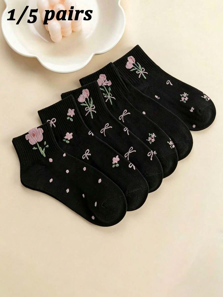 1/5 Pasang Kaos Kaki Pendek Wanita Motif Bunga, Kaos Kaki Pendek yang Manis & Nyaman dan Bernapas, Cocok untuk Pemakaian Sehari-hari, di Rumah, Bepergian, Sepanjang Musim - MultiWarna - View 1
