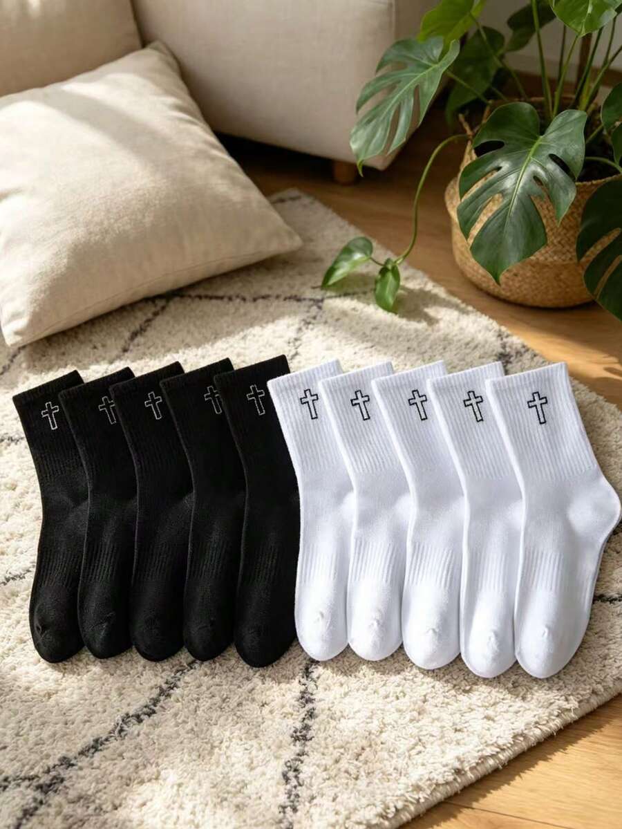 10 đôi tất dài đến bắp chân in họa tiết chữ thập, chất liệu cotton mềm mại, thoáng khí, kiểu dáng thời trang thường ngày dành cho nam và nữ. - Nhiều màu - Xem 1