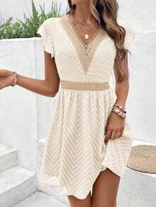 Vestido de verano con cintura fruncida y mangas de mariposa para mujer con cuello en V y estilo elegante - Albaricoque - Ver 3
