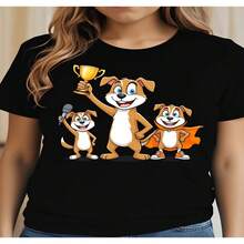 Women's Cotton Short Sleeve Round Neck T-Shirt with Cute Cartoon Dog Print, Regular Fit Casual Top for Everyday Wear, High Stretch Fabric - Negro - Ver 1