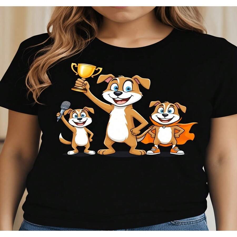 Women's Cotton Short Sleeve Round Neck T-Shirt with Cute Cartoon Dog Print, Regular Fit Casual Top for Everyday Wear, High Stretch Fabric - Negro - Ver 1