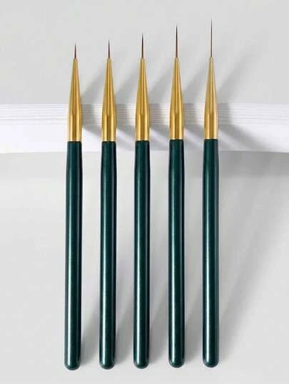 5pcs Professional Ultra-Fine Nail Art Liner Brush Set - 0.2mm Precise Straight Hair Brush Suitable For Perfect Detail Painting, Deep Green And Luxury Gold Design