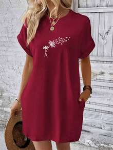 Vestido de mujer con bolsillos estampado diente de león Ropa casual suelta para el verano - Burdeos - Ver 2