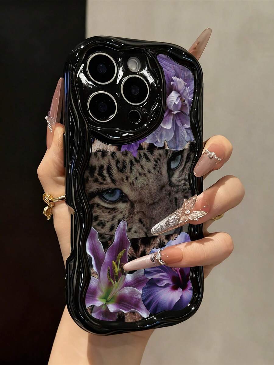 猎豹纹拼接彩色印花黑色奶油质感软壳,兼容 17/17PROMAX/ 16/ 16 Pro/ 16 Pro Max/ 15/XR/7P/8P/P12 Pro Max/P13 Pro Max/P14 PRO Max/P13/P14/P11/P12/P14,可爱时尚加厚保护手机壳,适用于 XS/S/XS Max/78GES2 - 彩色 - 查看 1