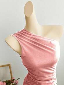 Blusa corta de un hombro con pliegues color albaricoque, minimalista, casual, elegante y versátil para uso diario de mujer, primavera/verano - Rosa Pálido - Ver 4