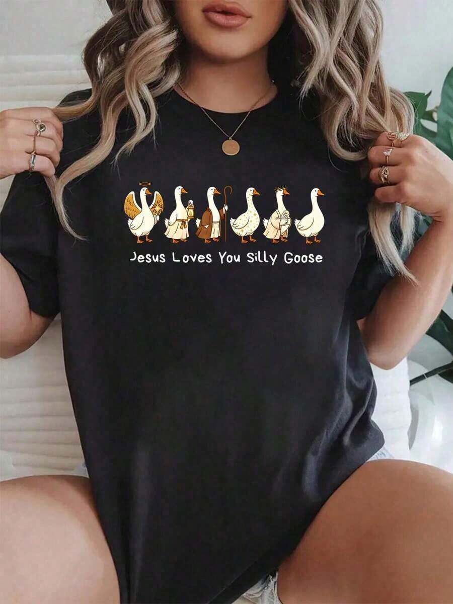 100% Cotton T-Shirt With Biblical Print "Christian Goose Walking By Faith, Constantly Stumbling", Women's Graphic T-Shirt, Casual Short Sleeve T-Shirt, Summer T-Shirt For Women - 黑色 5 - 查看 1