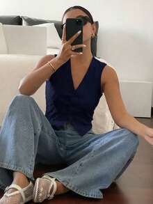 Top sin mangas blanco puro con bordado, de estilo "Old Money", casual y lindo para verano, para salir - Azul marino - Ver 6