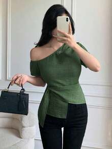 Blusa casual elegante de hombros con nudo, de corte slim para mujeres - Verde - Ver 3