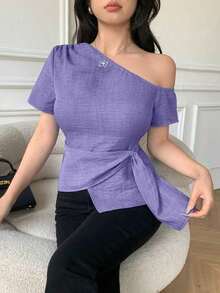 Blusa casual elegante de hombros con nudo, de corte slim para mujeres - Morado - Ver 3