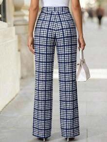 Pantalones elásticos de punto con estampado de cuadros elegantes para mujer, adecuados para varias ocasiones, como vacaciones de verano, viajes elegantes y uso diario - Azul y blanco - Ver 2