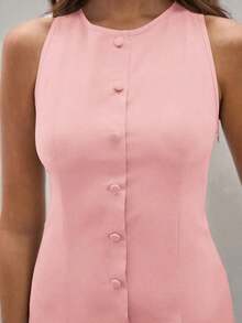 1 pieza Vestido casual mini de mujer de un solo botón, cuello redondo, sin mangas, de un solo color - Rosa - Ver 5
