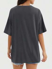 Camiseta holgada para mujer de manga corta y cuello redondo, camisa casual estilo Y2K, básica para deportes de verano - Gris Oscuro - Ver 4
