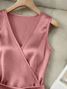 Vestido ajustado con cuello en V sin mangas, cintura plisada e irregular, vestido de satén para mujer, vestido de primavera/verano para mujer, vestido elegante de fiesta para mujer, atuendo de vacaciones para mujer, atuendo del Día de San Valentí - Rosa - Ver 3