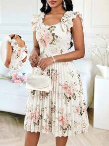 Vestido mini de fiesta con estampado floral y pliegues a la moda para mujer - Multicolor - Ver 1